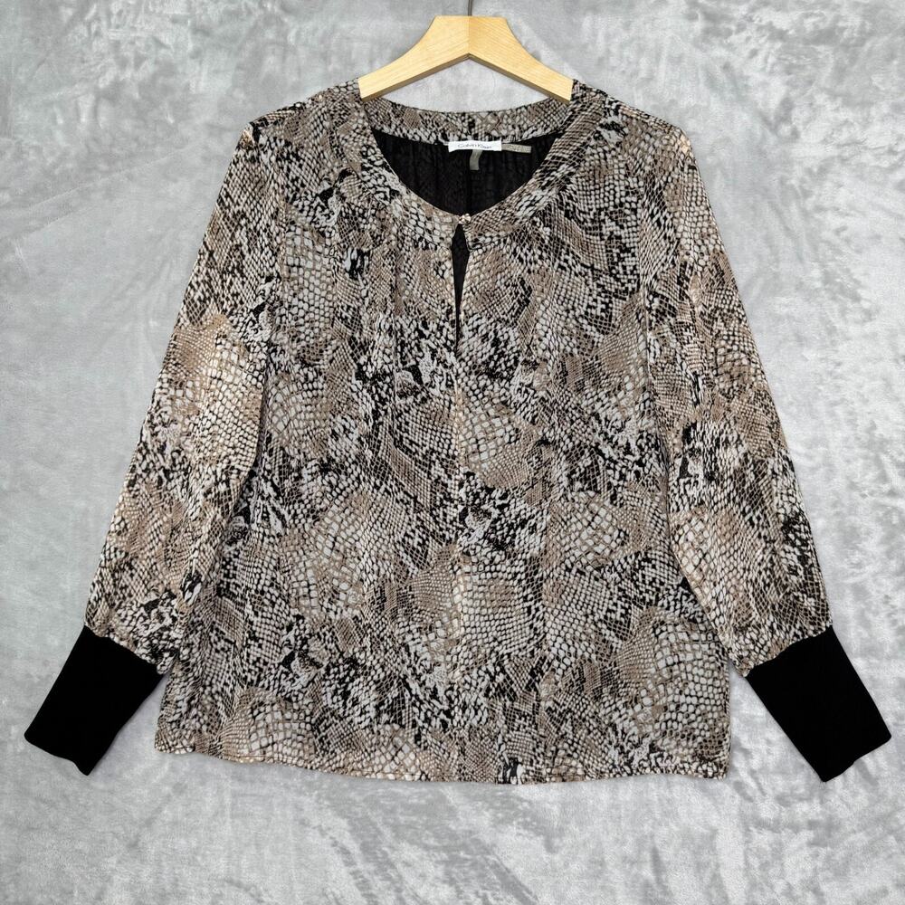 Calvin Klein Top Womens Large Brown Reptile Python Print Keyhole Lined Career